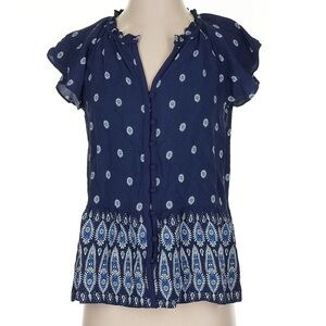 Loft Navy Blue Geo Ruffle Peplum Button Up Blouse Flutter Cap Sleeve